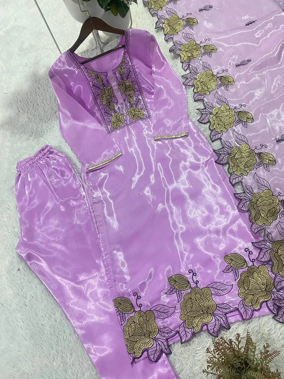 Champagne Organza Silk Embroidered Kurta Pant Dupatta Set for Festive and Elegant Occasions