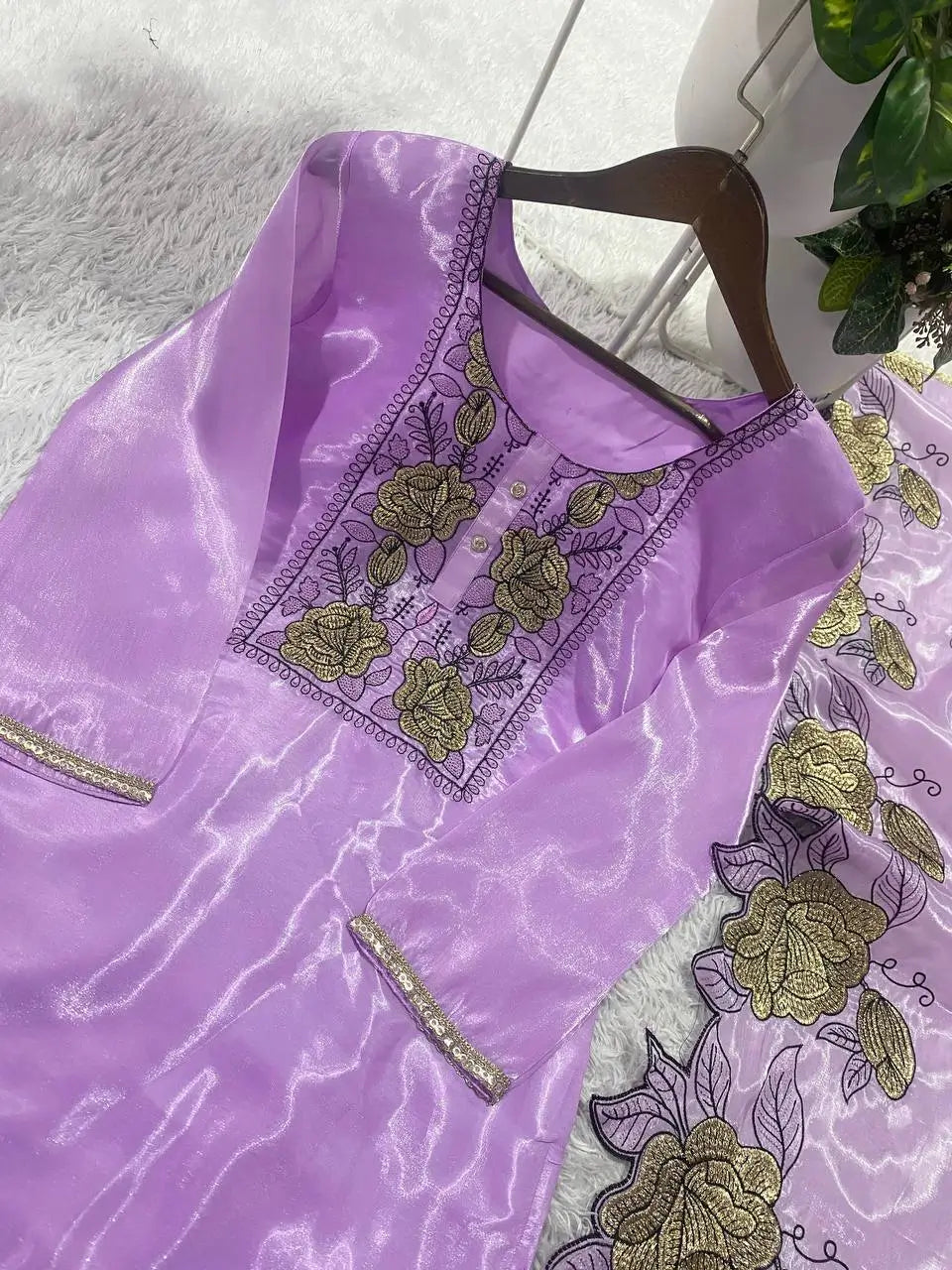 Champagne Organza Silk Embroidered Kurta Pant Dupatta Set for Festive and Elegant Occasions