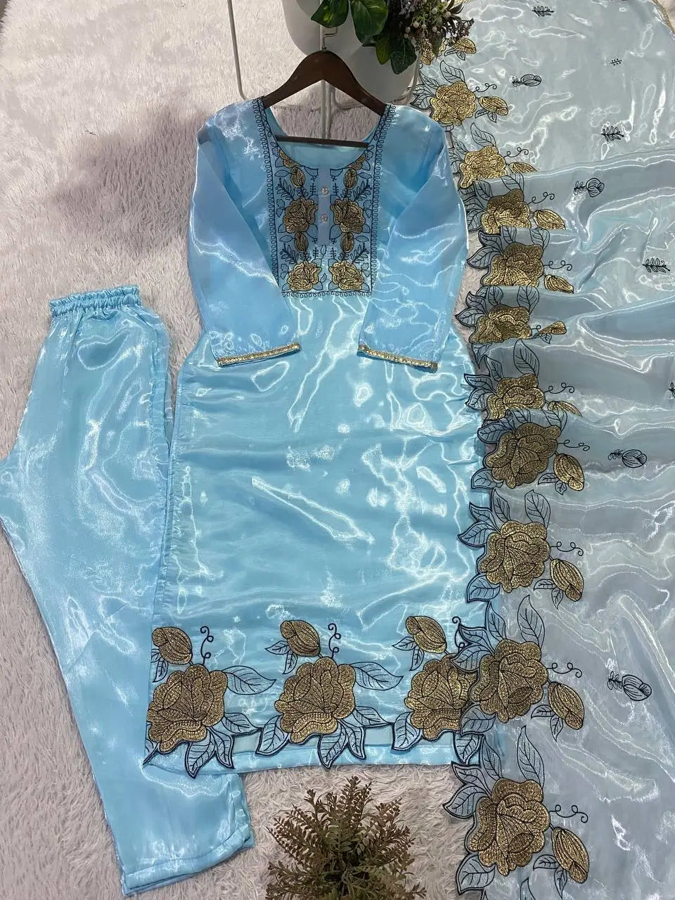 Champagne Organza Silk Embroidered Kurta Pant Dupatta Set for Festive and Elegant Occasions