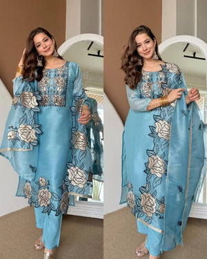 Champagne Organza Silk Embroidered Kurta Pant Dupatta Set for Festive and Elegant Occasions