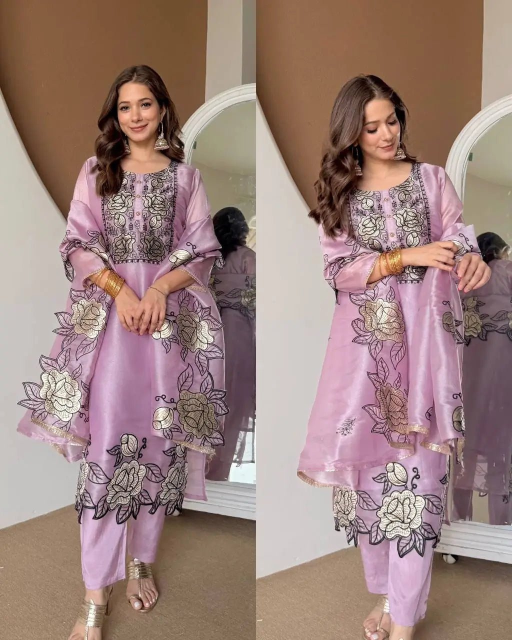 Champagne Organza Silk Embroidered Kurta Pant Dupatta Set for Festive and Elegant Occasions