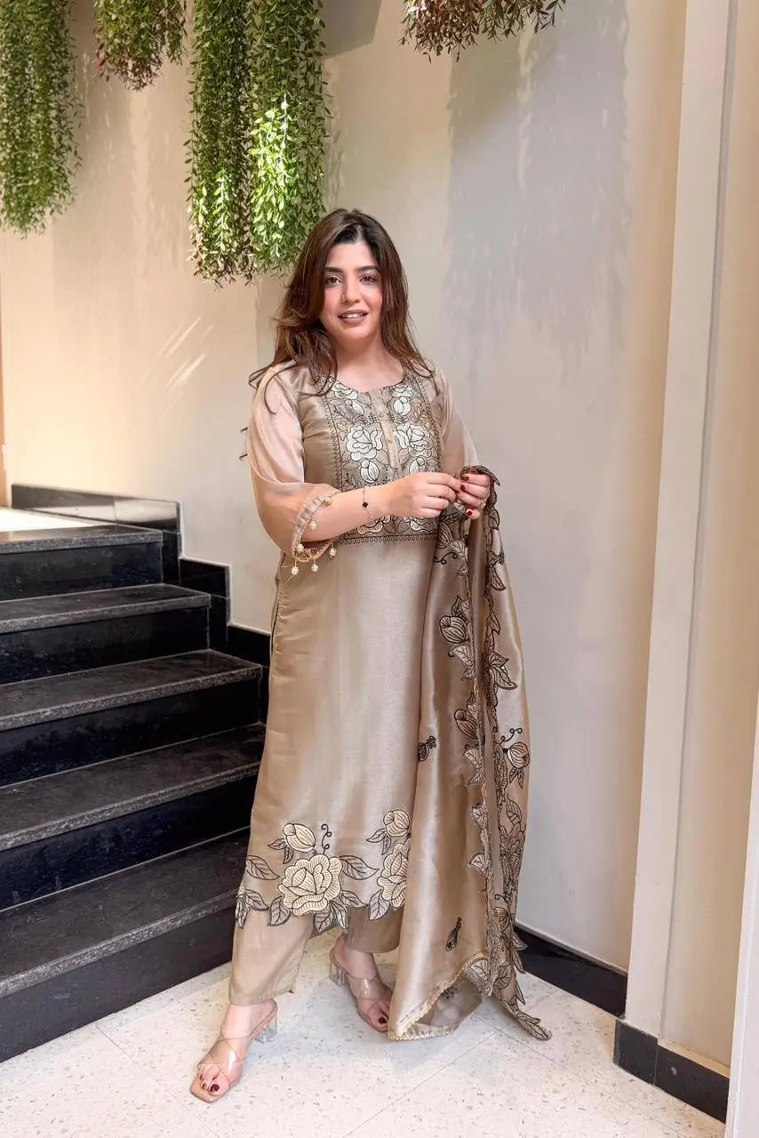 Champagne Organza Silk Embroidered Kurta Pant Dupatta Set for Festive and Elegant Occasions