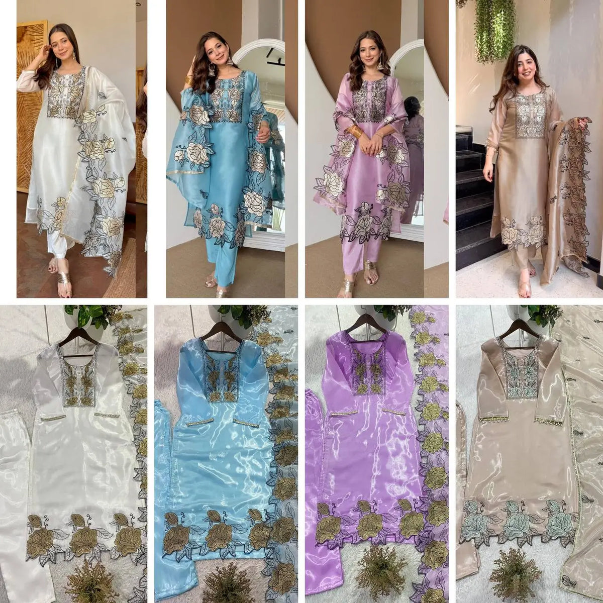 Champagne Organza Silk Embroidered Kurta Pant Dupatta Set for Festive and Elegant Occasions