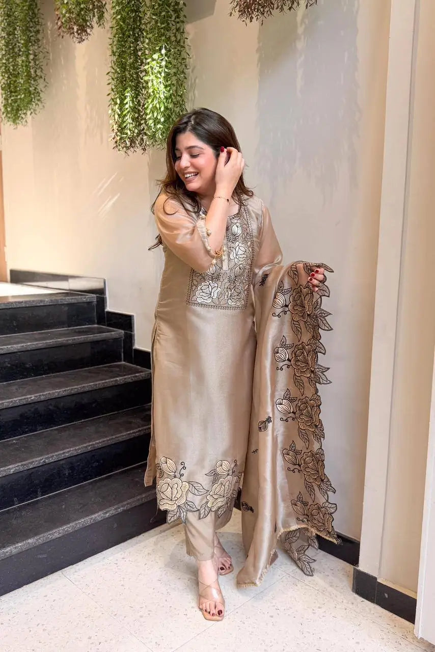Champagne Organza Silk Embroidered Kurta Pant Dupatta Set for Festive and Elegant Occasions
