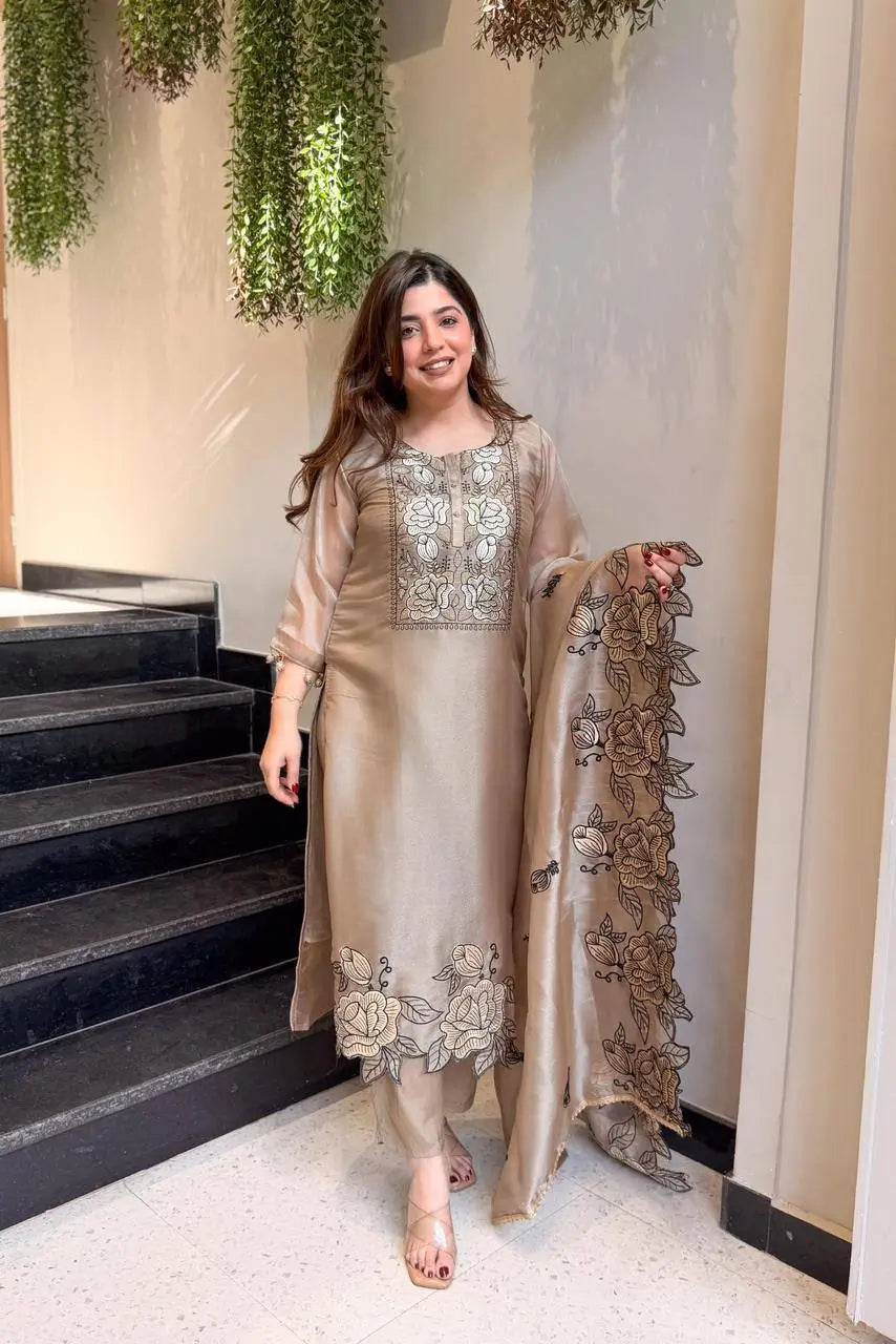 Champagne Organza Silk Embroidered Kurta Pant Dupatta Set for Festive and Elegant Occasions
