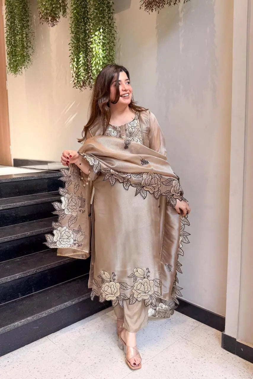Champagne Organza Silk Embroidered Kurta Pant Dupatta Set for Festive and Elegant Occasions