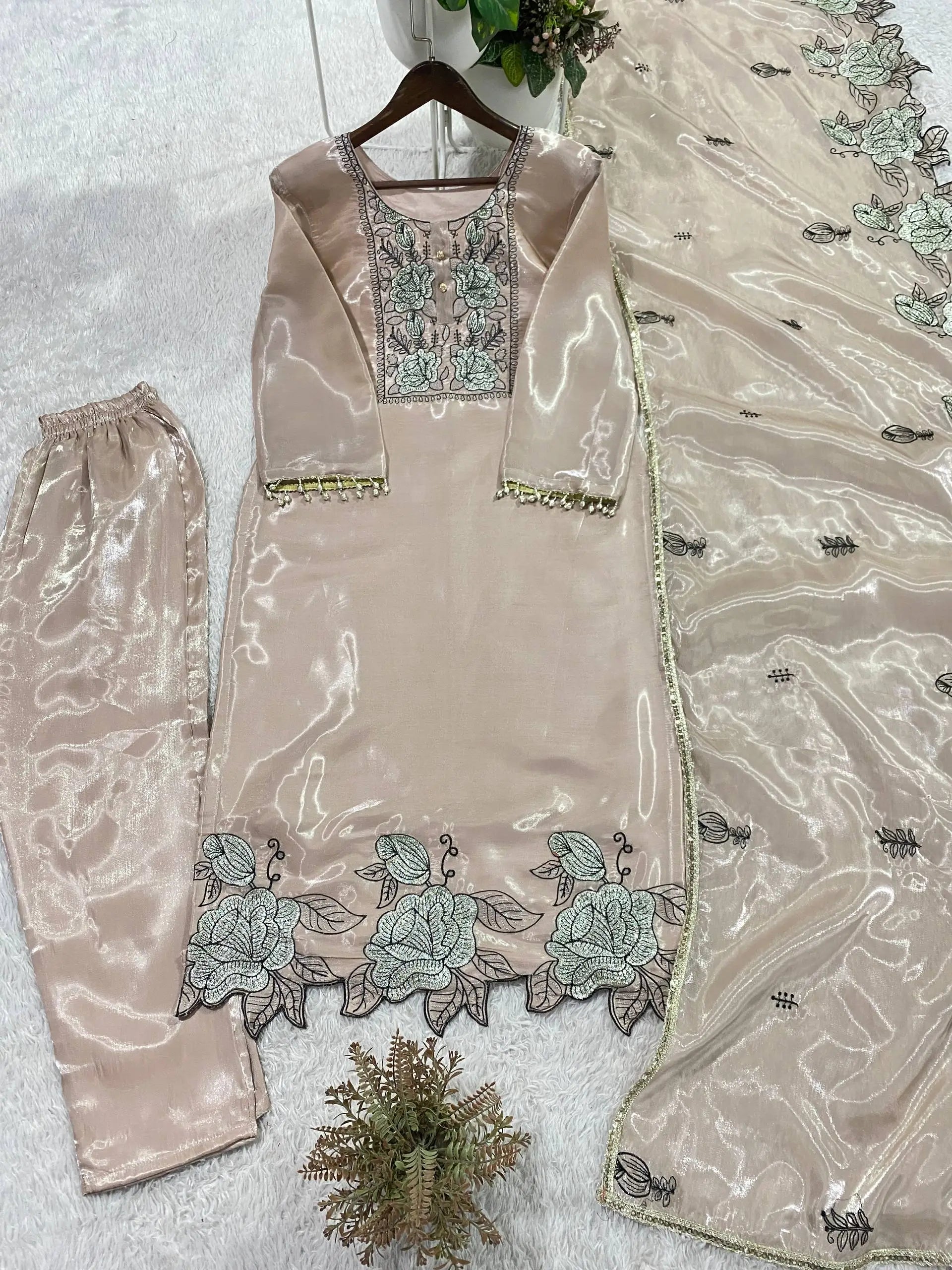 Champagne Organza Silk Embroidered Kurta Pant Dupatta Set for Festive and Elegant Occasions