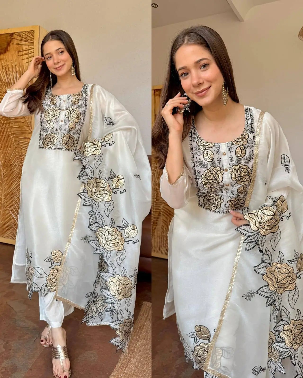 Champagne Organza Silk Embroidered Kurta Pant Dupatta Set for Festive and Elegant Occasions