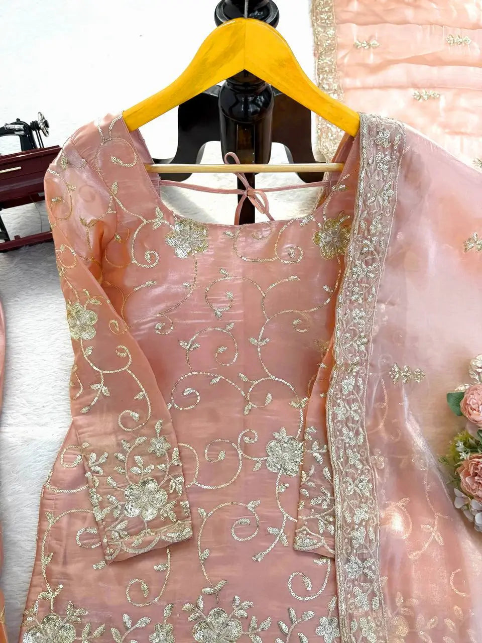 Champagne Peach Silk Sequins Embroidered Sharara Suit for Wedding & Festive Wear