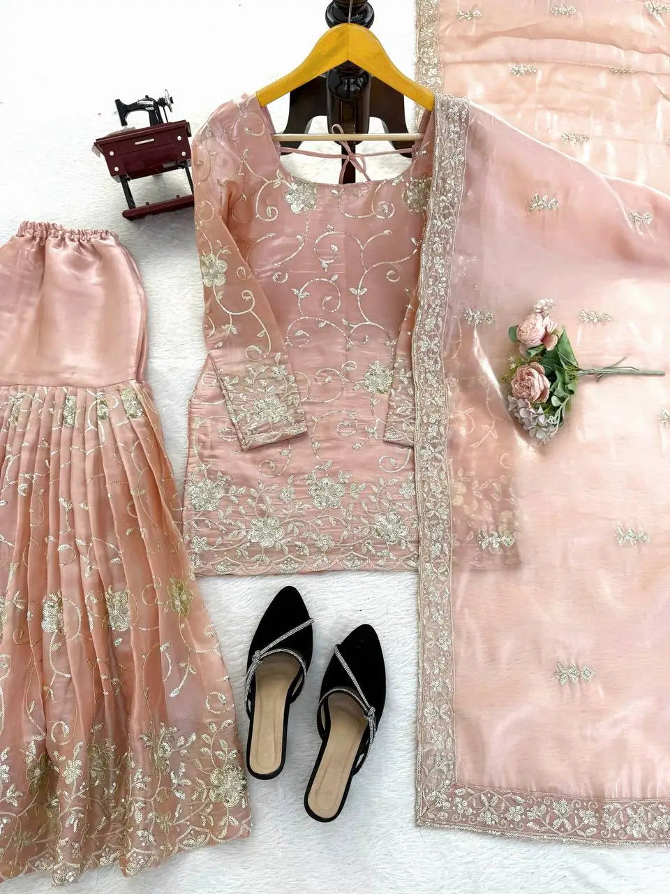 Champagne Peach Silk Sequins Embroidered Sharara Suit for Wedding & Festive Wear