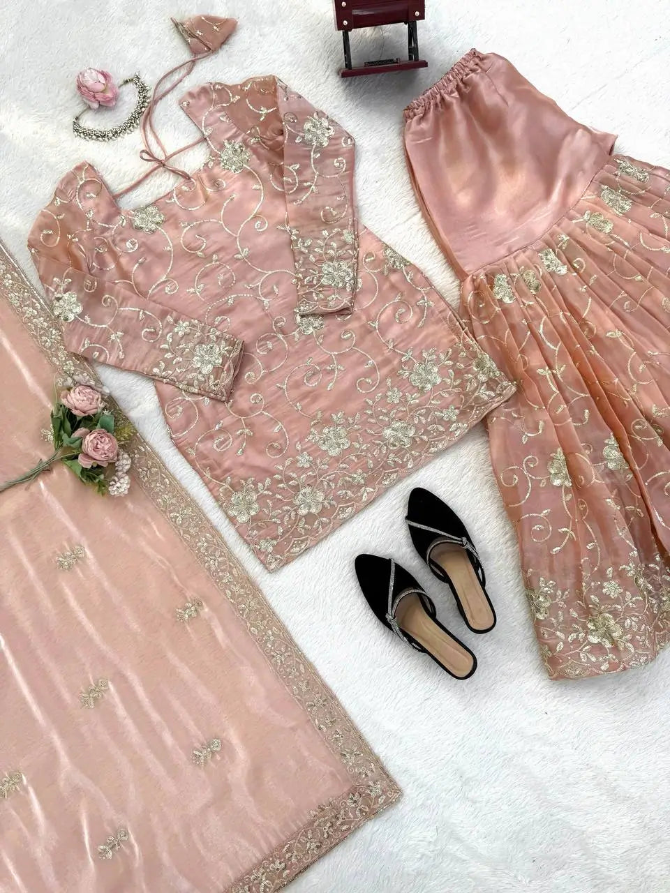 Champagne Peach Silk Sequins Embroidered Sharara Suit for Wedding & Festive Wear