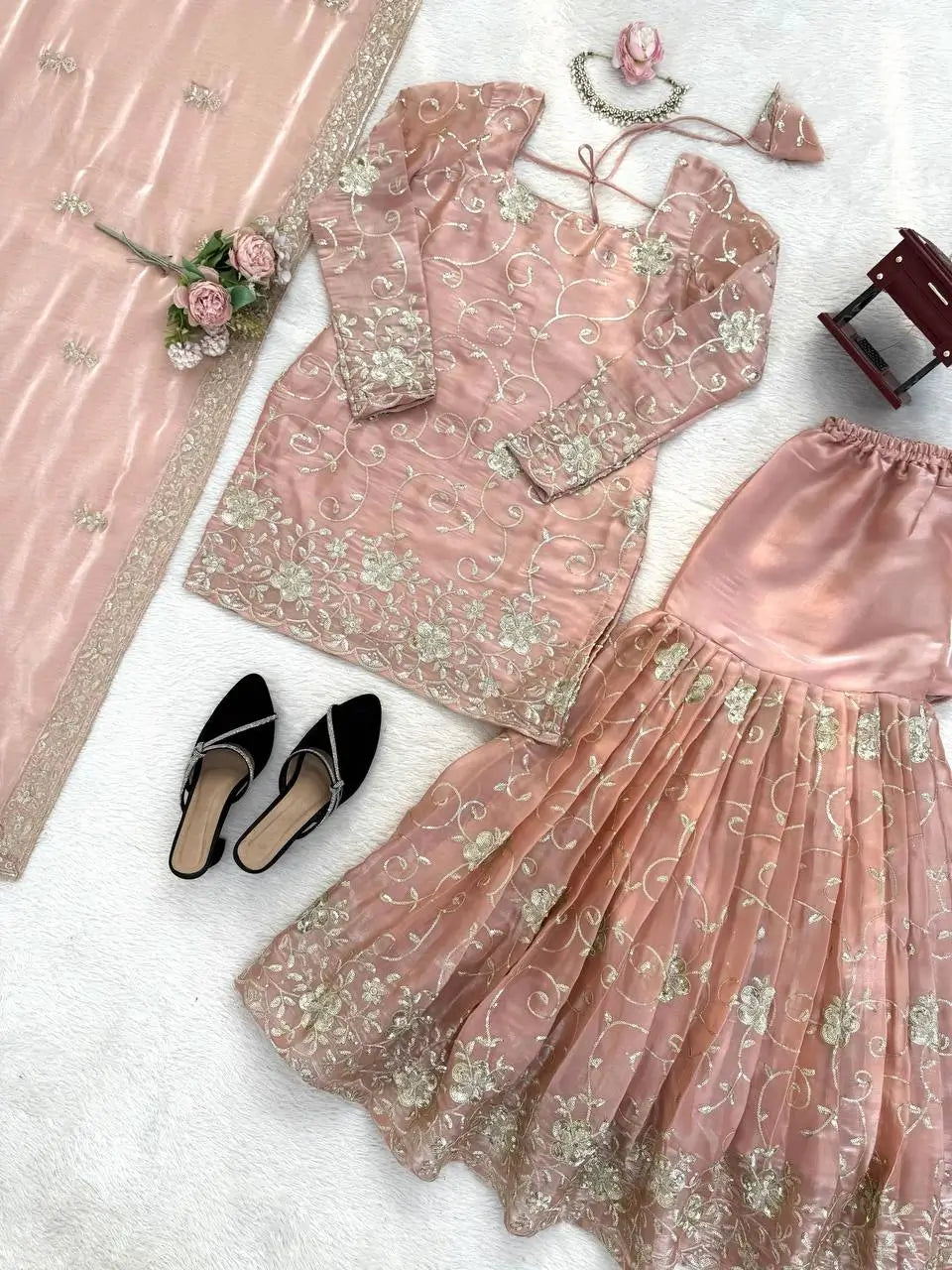 Champagne Peach Silk Sequins Embroidered Sharara Suit for Wedding & Festive Wear