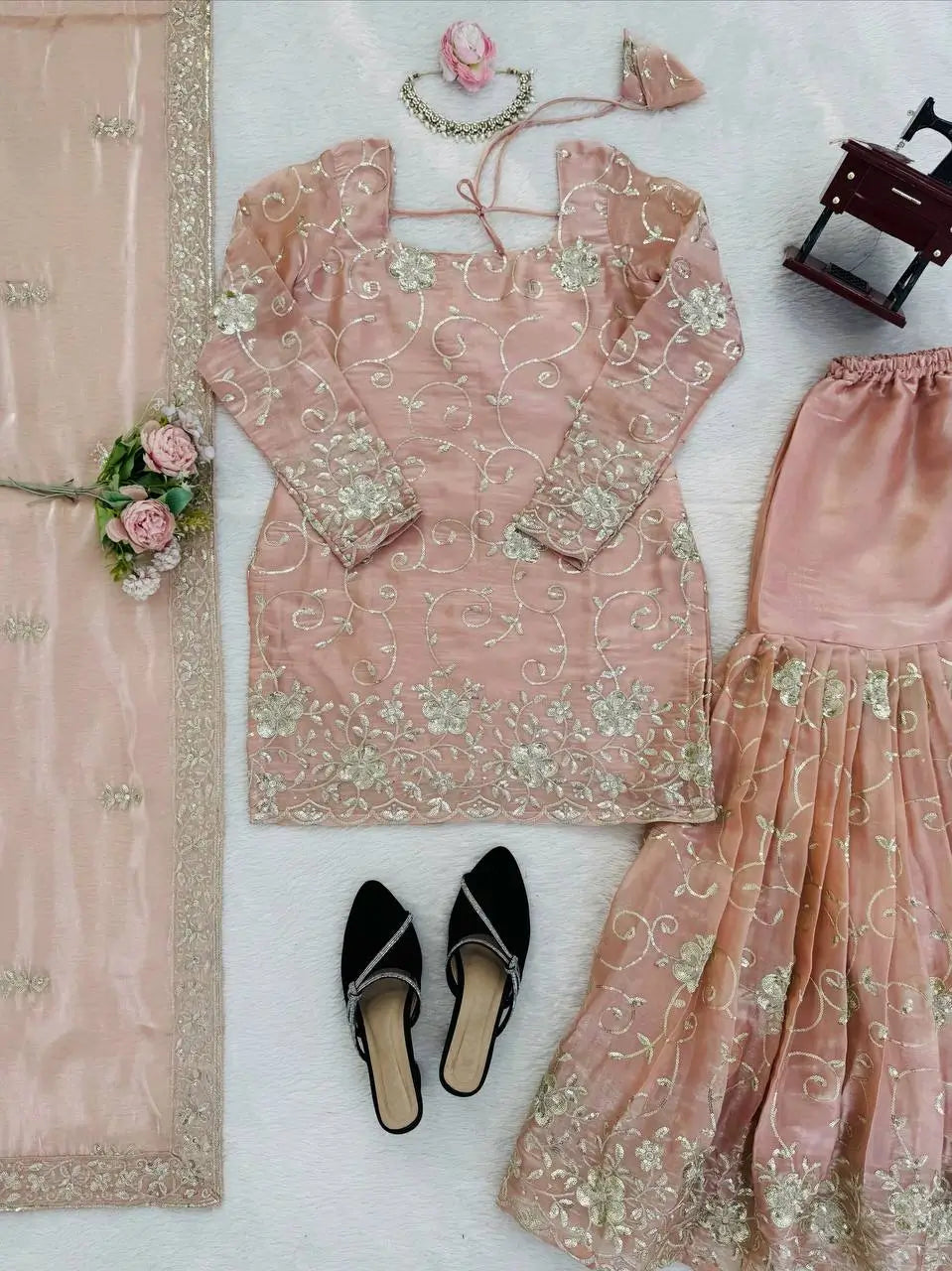 Champagne Peach Silk Sequins Embroidered Sharara Suit for Wedding & Festive Wear
