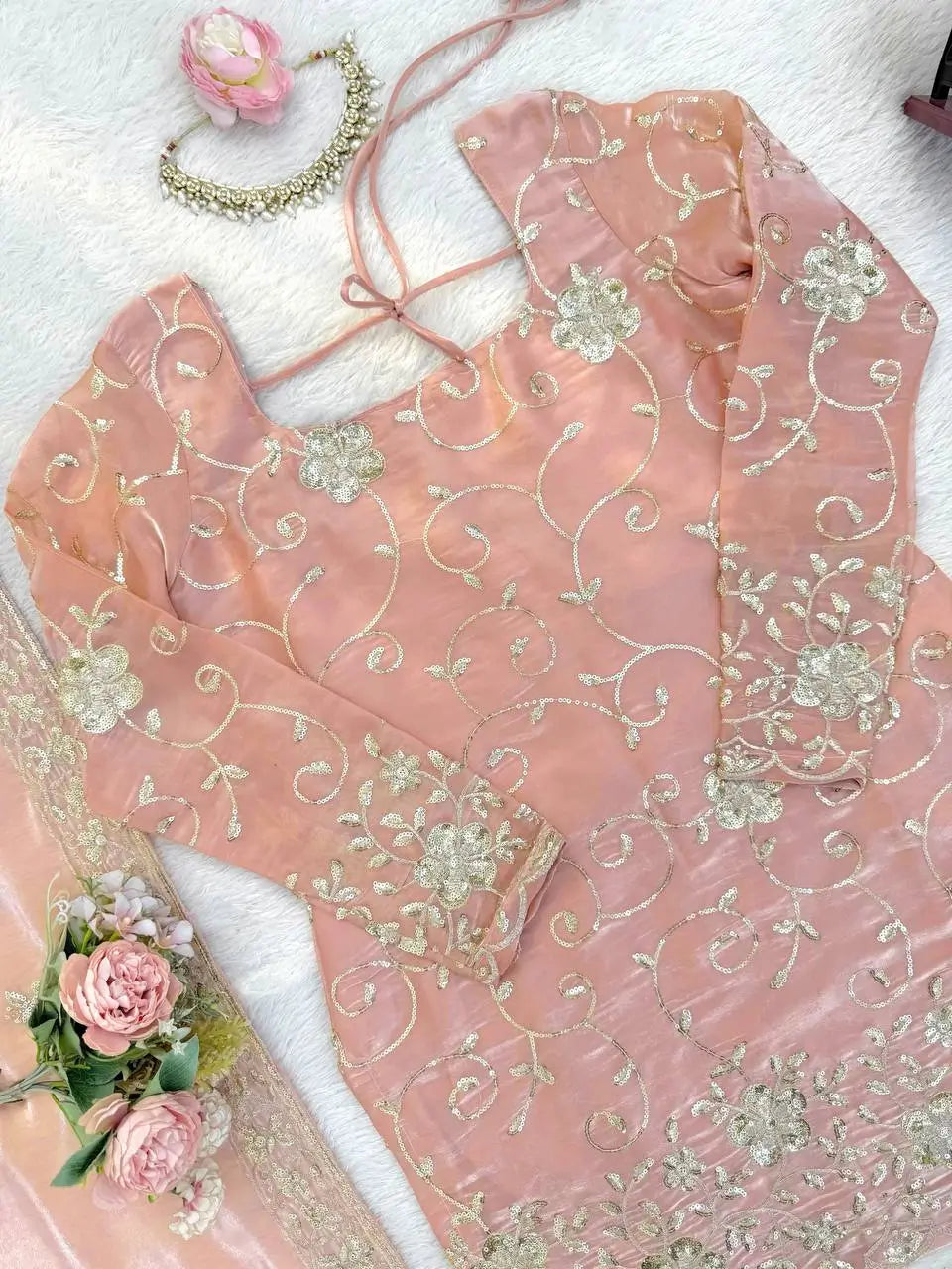 Champagne Peach Silk Sequins Embroidered Sharara Suit for Wedding & Festive Wear