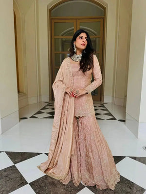 Champagne Peach Silk Sequins Embroidered Sharara Suit for Wedding & Festive Wear