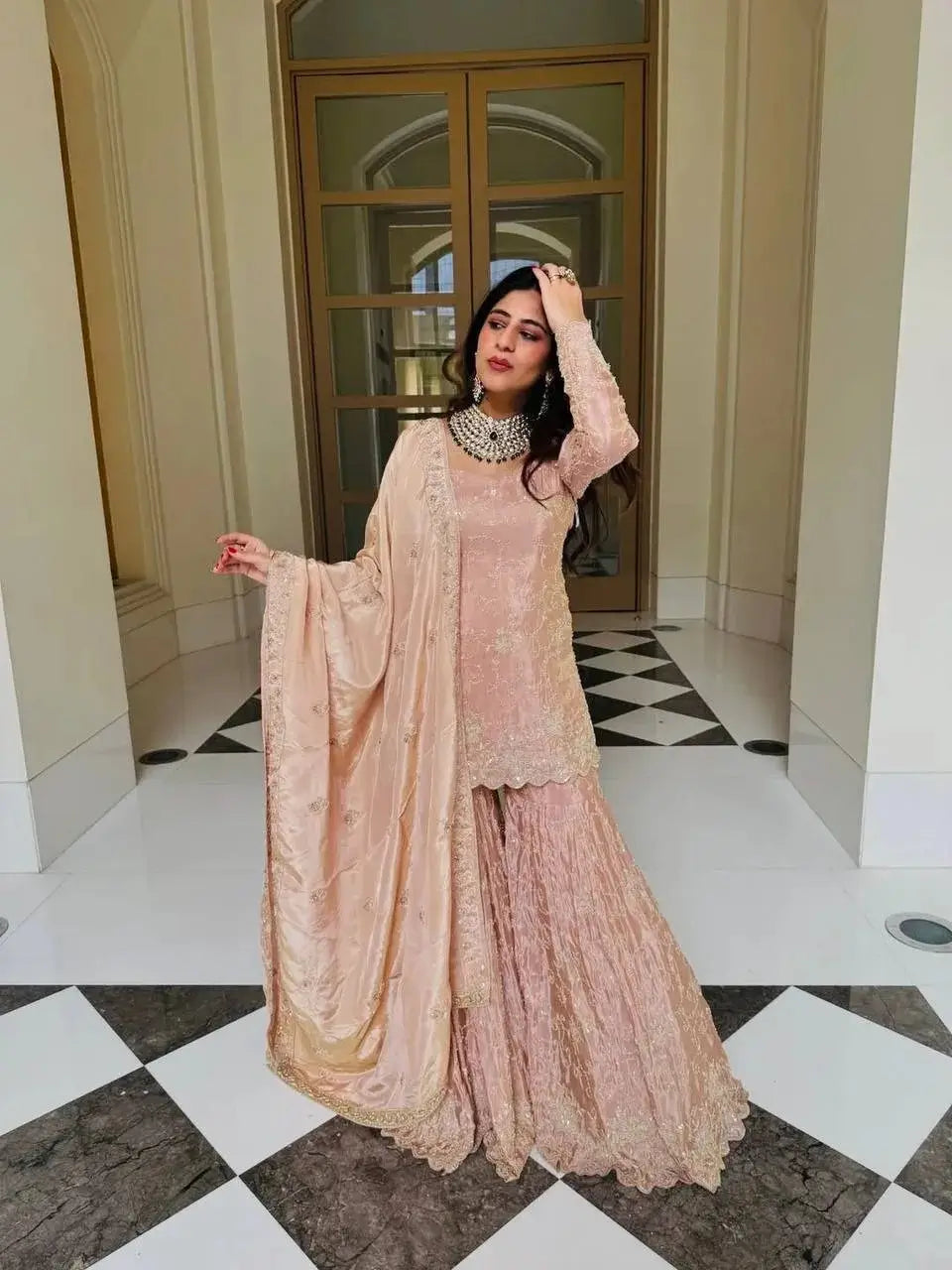 Champagne Peach Silk Sequins Embroidered Sharara Suit for Wedding & Festive Wear