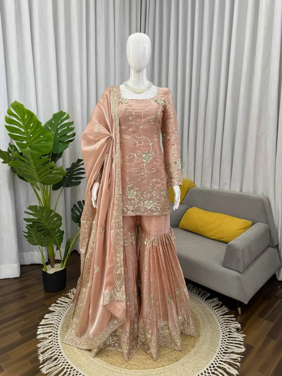 Champagne Peach Silk Sequins Embroidered Sharara Suit for Wedding & Festive Wear