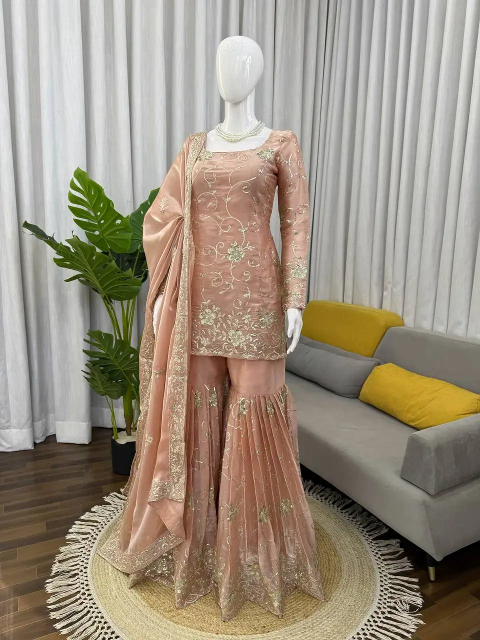 Champagne Peach Silk Sequins Embroidered Sharara Suit for Wedding & Festive Wear