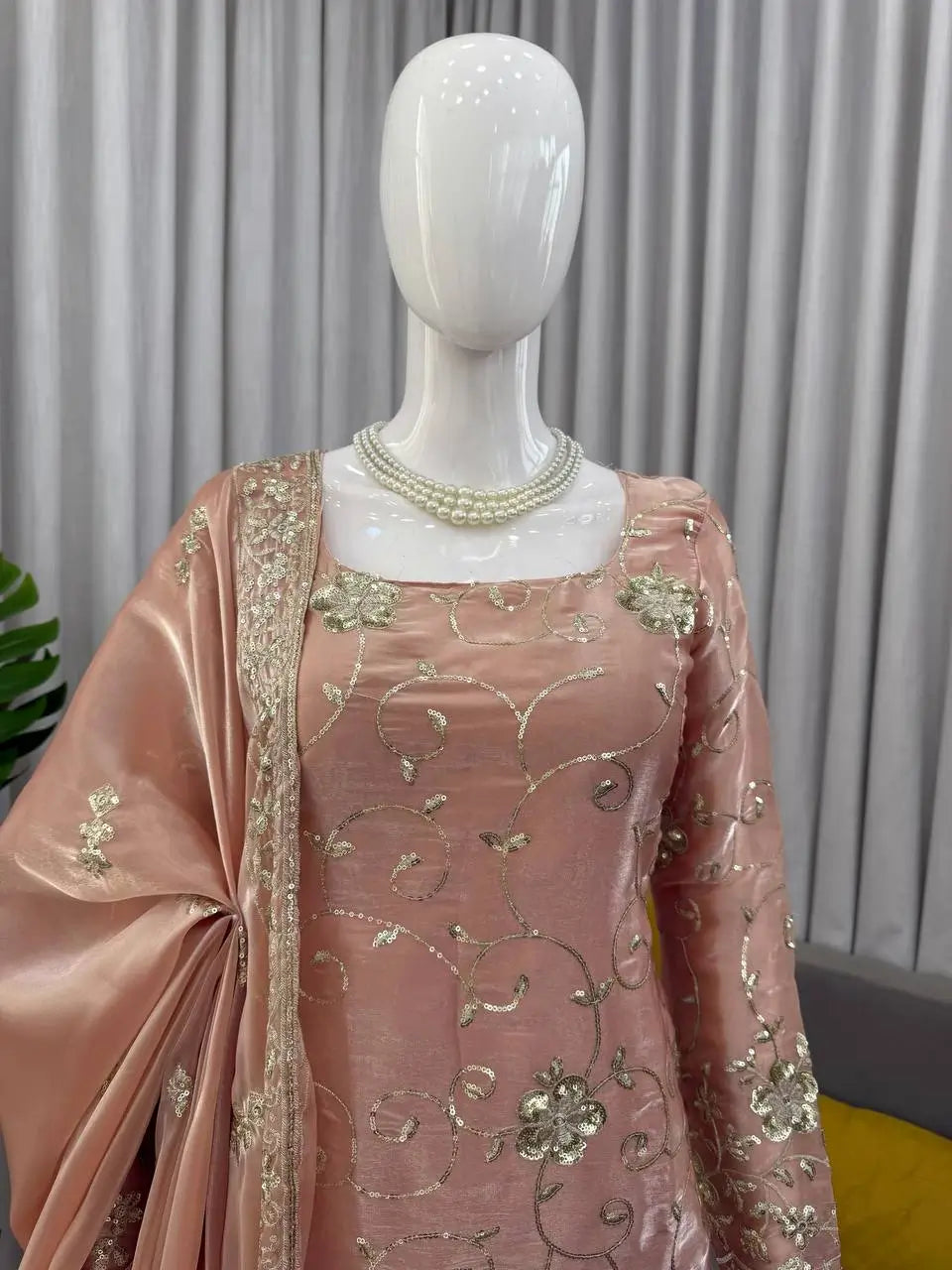 Champagne Peach Silk Sequins Embroidered Sharara Suit for Wedding & Festive Wear