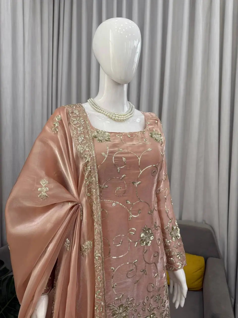 Champagne Peach Silk Sequins Embroidered Sharara Suit for Wedding & Festive Wear