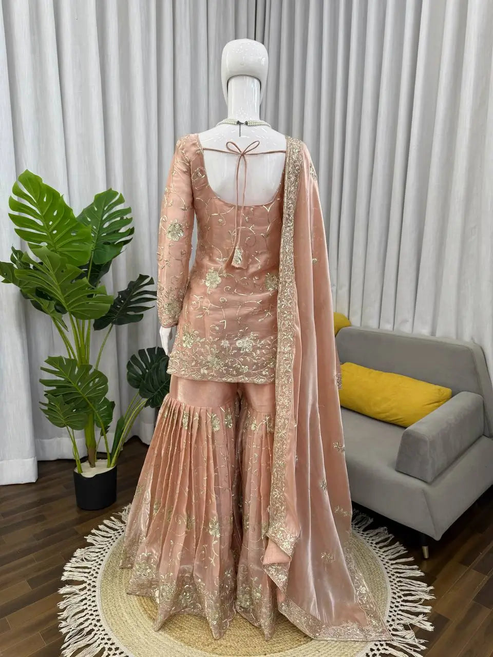 Champagne Peach Silk Sequins Embroidered Sharara Suit for Wedding & Festive Wear