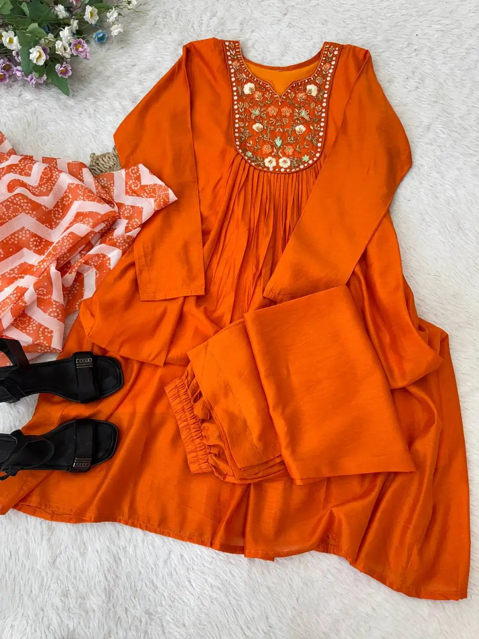 Chanderi Silk Embroidered Kurta Set with Dupatta