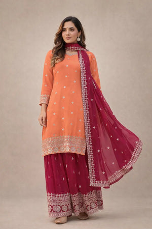 Embroidered Faux Georgette Kurta Palazzo Set with Dupatta for Festive and Party Wear