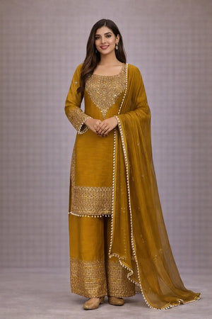Embroidered Crunchy Fabric Kurta Palazzo Set with Dupatta for Festive Wear
