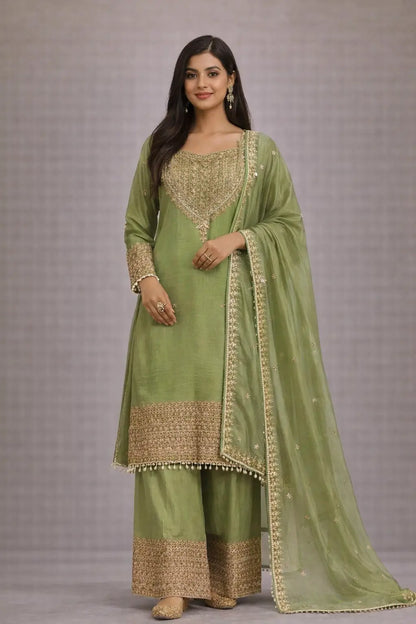 Embroidered Crunchy Fabric Kurta Palazzo Set with Dupatta for Festive Wear