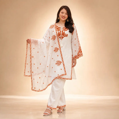 Ivory Rust Embroidered Kurti Set
