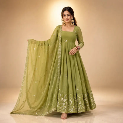 Olive Sequin Floral Anarkali Set