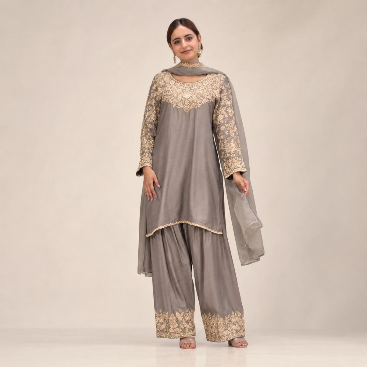 Grey Moti Embroidered Farshi Set