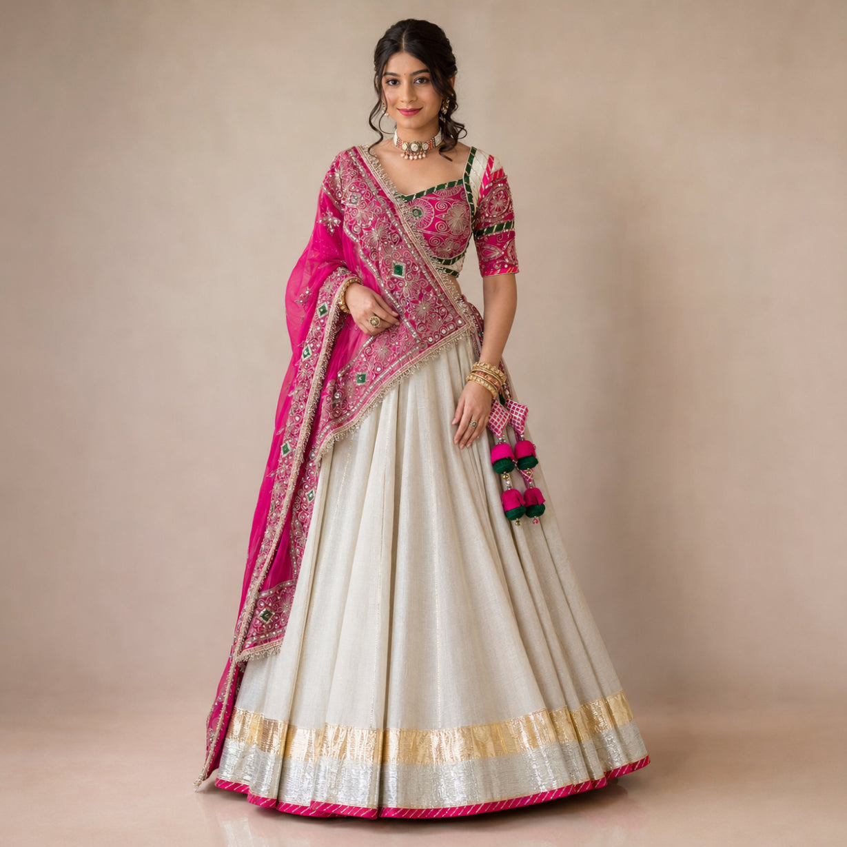 Ivory Magenta Embroidered Lehenga