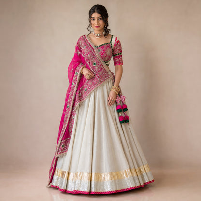Ivory Magenta Embroidered Lehenga
