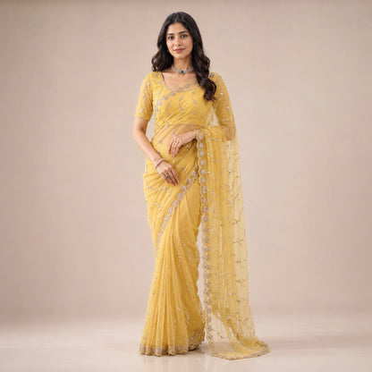 Sequin Vine Embroidered Net Saree