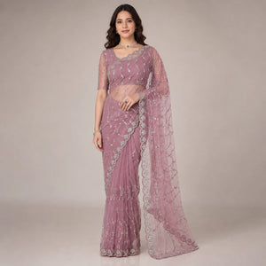 Sequin Vine Embroidered Net Saree