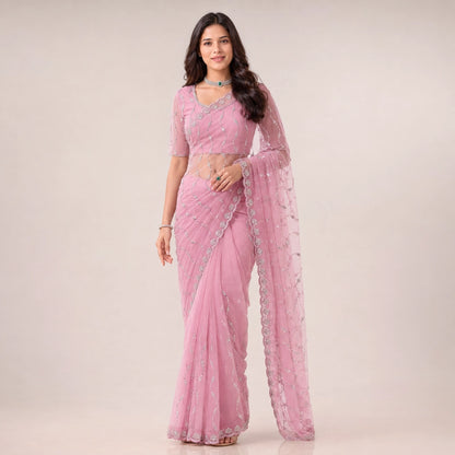Sequin Vine Embroidered Net Saree