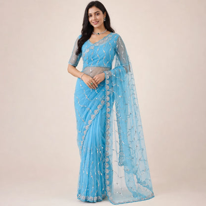 Sequin Vine Embroidered Net Saree