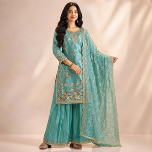 Embroidered GMY Silk Sharara Palazzo Set with Dupatta