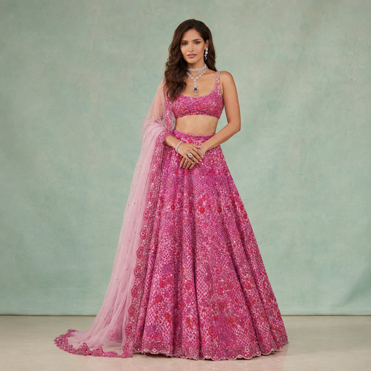 Pink Floral Sequin Lehenga Set