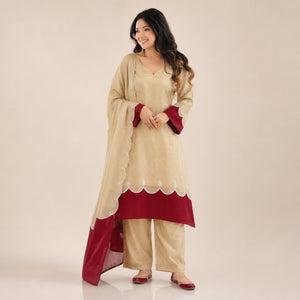 Beige Maroon Cutwork Kurta Set