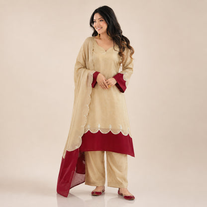 Beige Maroon Cutwork Kurta Set