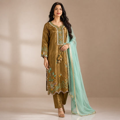 Olive Floral Embroidered Suit