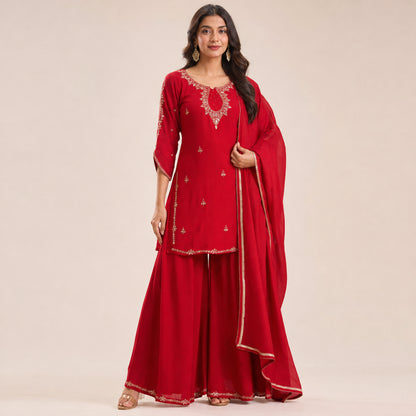 Red Sequin Embroidered Palazzo Suit