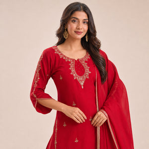 Red Sequin Embroidered Palazzo Suit