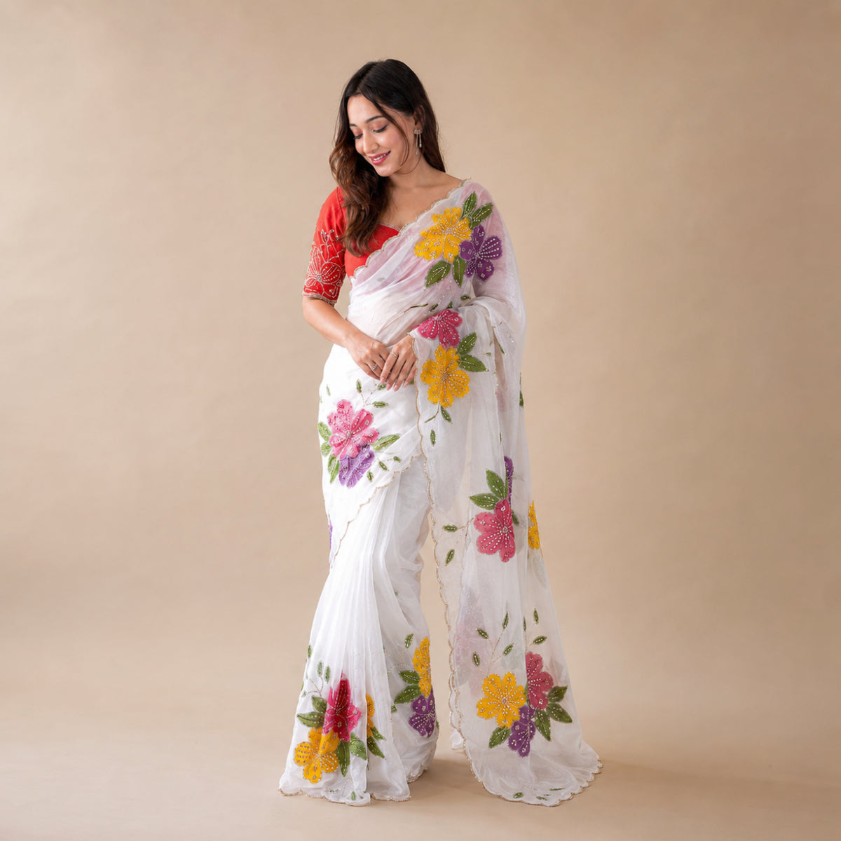 Ivory Floral Beaded Saree