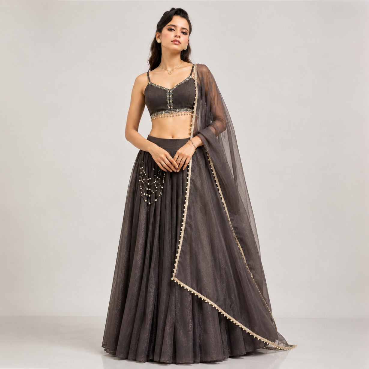 Pearl Trim Organza Lehenga Set