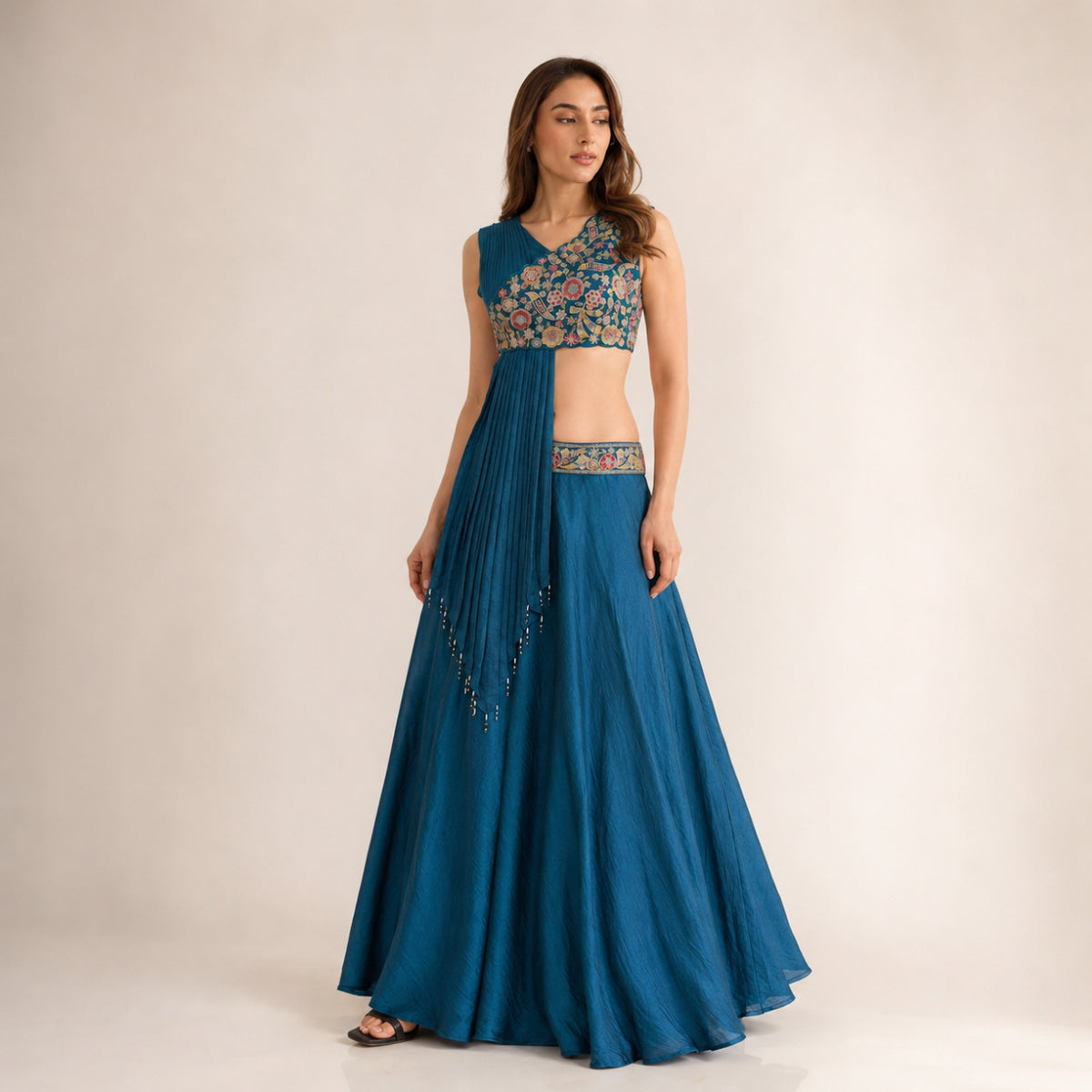Teal Floral Embroidered Lehenga