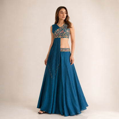 Teal Floral Embroidered Lehenga