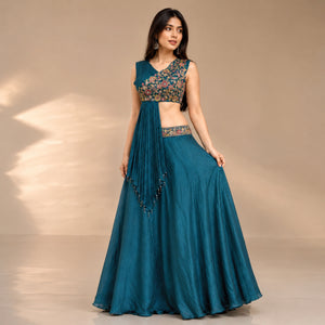 Teal Floral Embroidered Lehenga